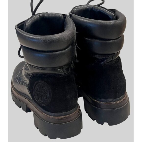 Tory Burch Miller Black Leather Suede Logo Lug Hiker Moto Ankle Boots - Picture 12 of 16